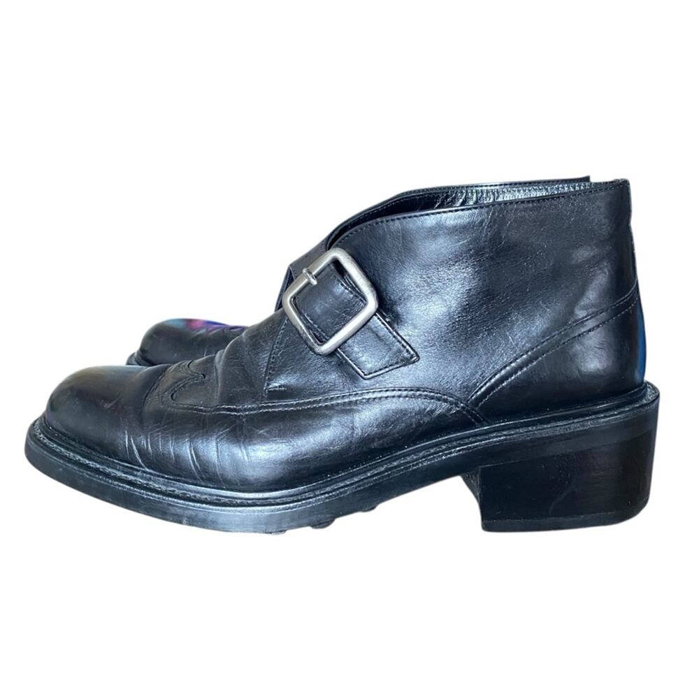 Robert Clergerie Black Leather Heeled Ankle Boots Silver Buckle Strap size 7.5
